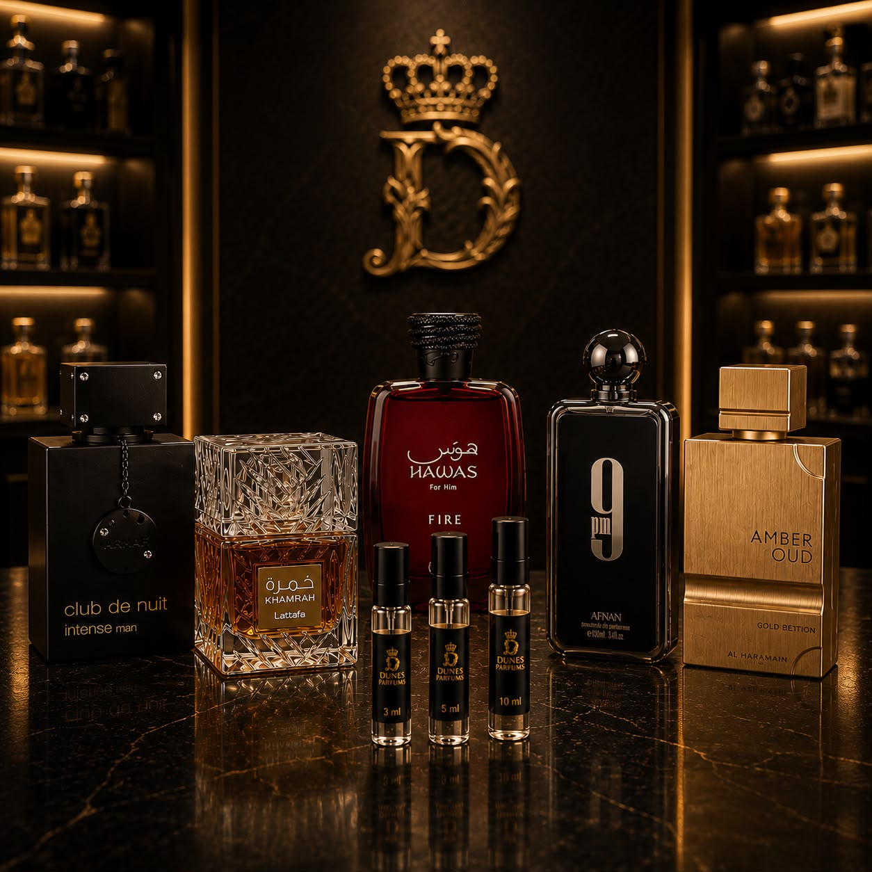 Perfume exclusivo Dunes Parfums en base de mármol negro con detalles dorados